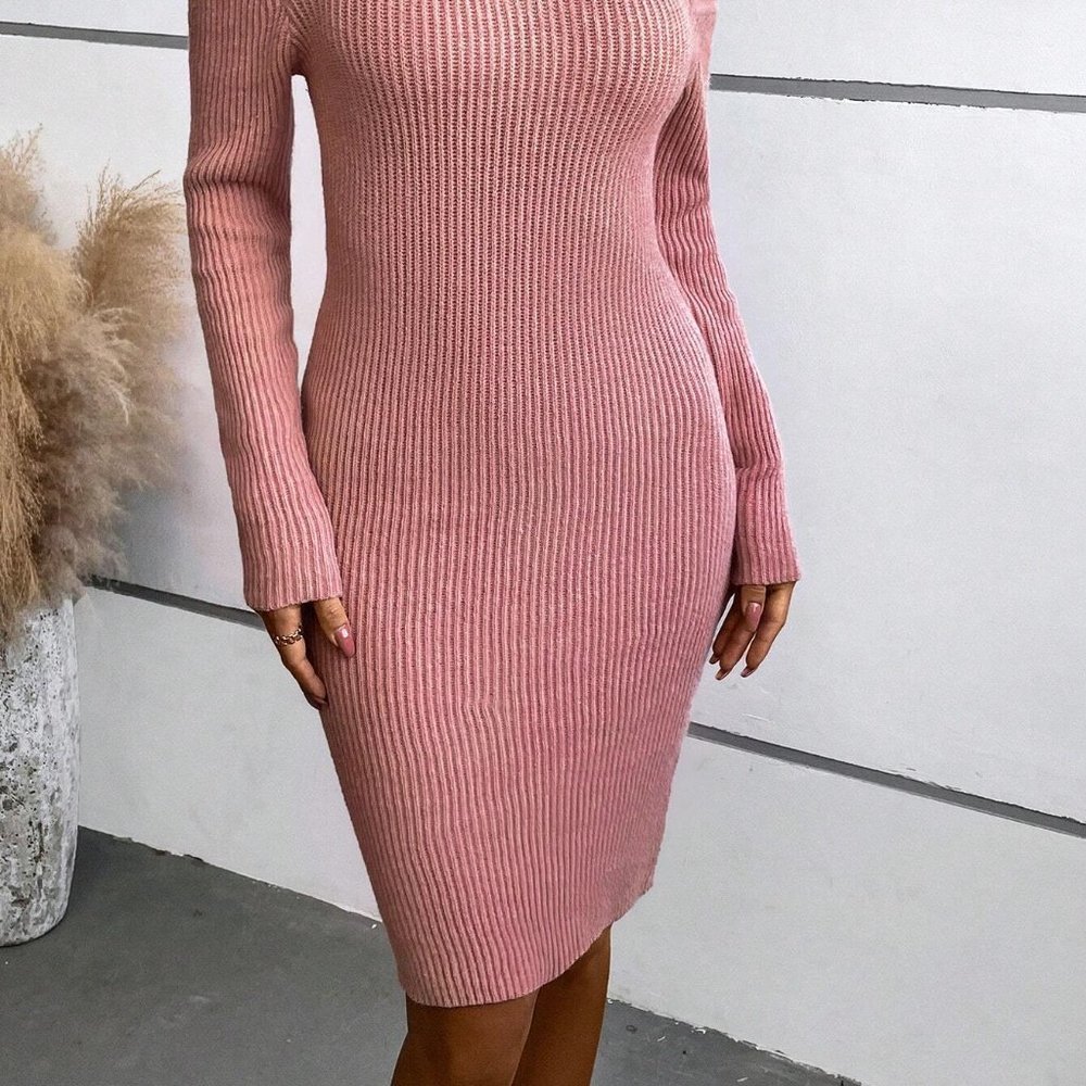 Cold Shoulder Chain Detail Sweater Dress Dusty Pink - Picture 5 of 5
